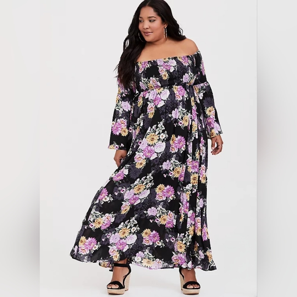 Black Floral Challis Off the Shoulder Maxi Dress 22/24
